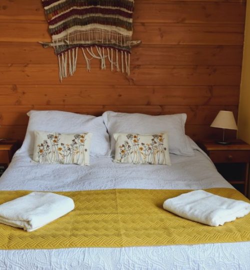 Habitacion de hotel en Pucon con cama matrimonial.