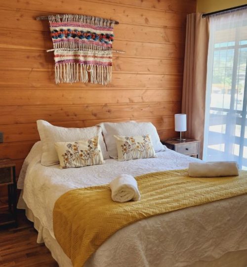 Habitacion de hotel en Pucon con cama matrimonial.