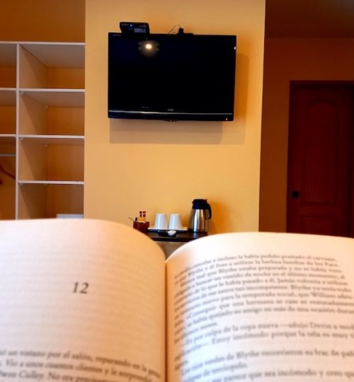 Leyendo un libro mientras descanso en la habitacion